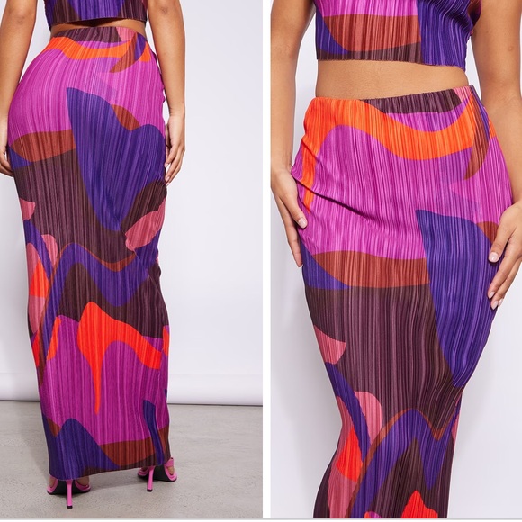 PrettyLittleThing Purple Orange Brown Print Plisse Maxi Skirt 10 - Picture 1 of 10